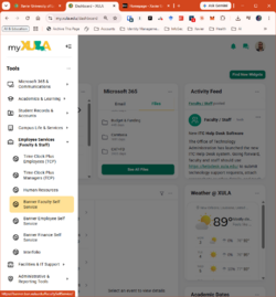 A screenshot of a web browser displaying the My Xula portal dashboard with the left-hand navigation sidebar expanded. Within the sidebar's "Tools" menu, the "Employee Services (Faculty & Staff)" section is expanded, and the sub-option "Banner Faculty Self Service" is highlighted in yellow. In the bottom left corner of the browser, a URL preview reads "https://banner.ban.xula.edu/FacultySelfService/".